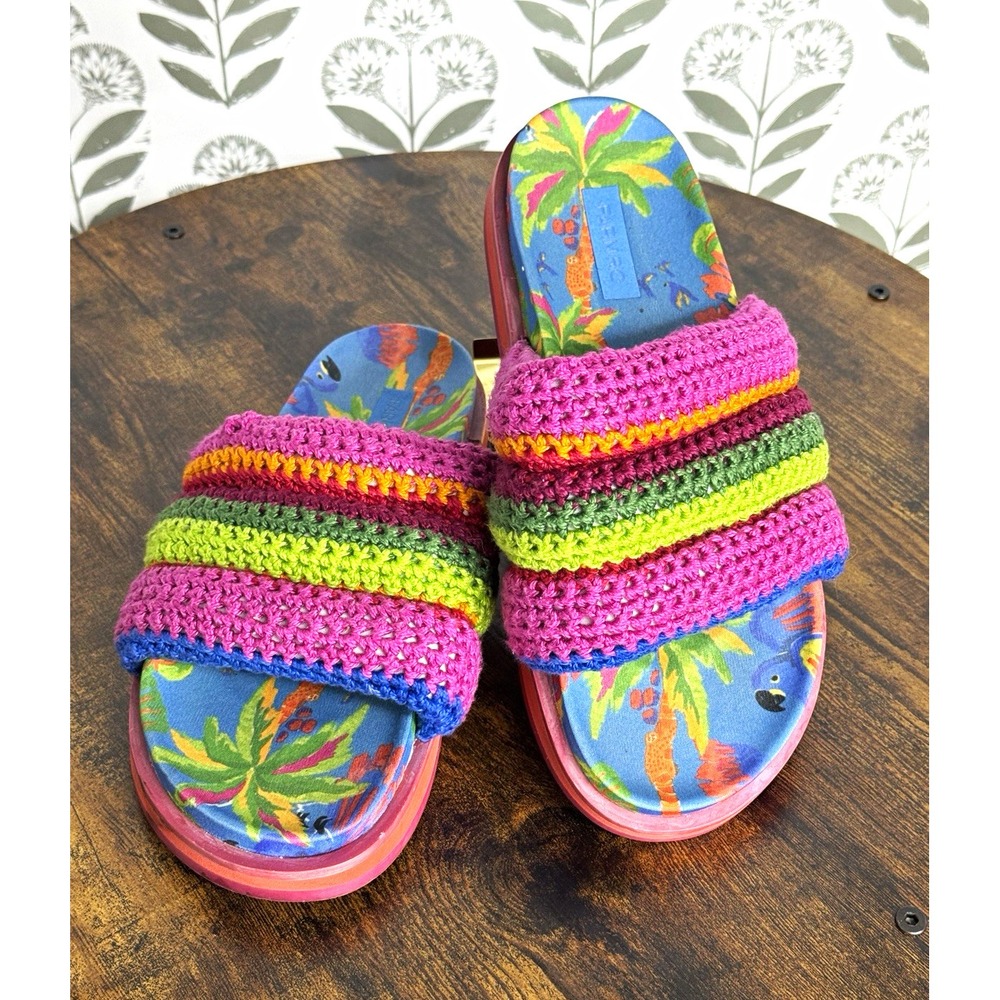 Farm Rio Macaw Rainbow Crochet Slide Sandals Slip On Women's US 11